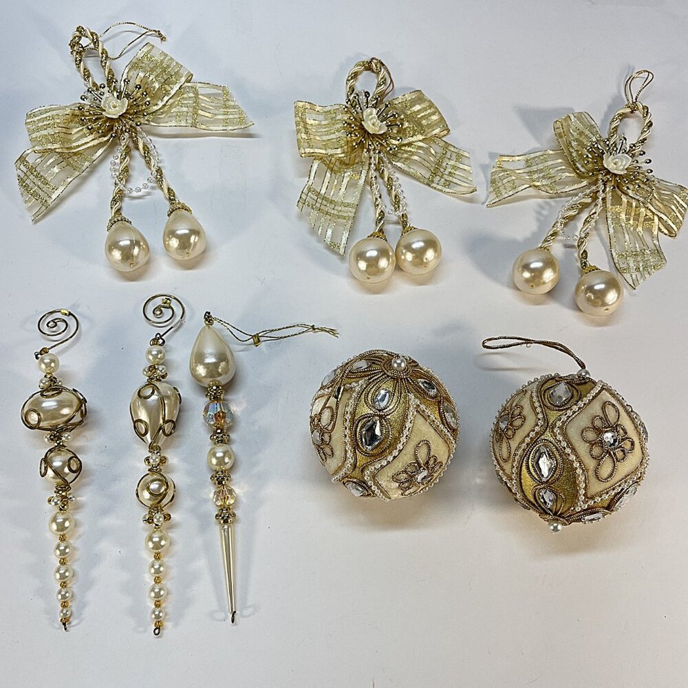 Vintage Satin Jeweled Christmas Ornaments Sequin Bead Pearl Velvet 1970s